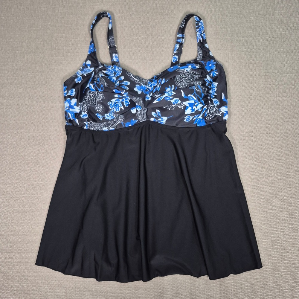 Aqua Eve Tankini Swim Blue Floral Paisley Black Only Top Plus Size 22W New